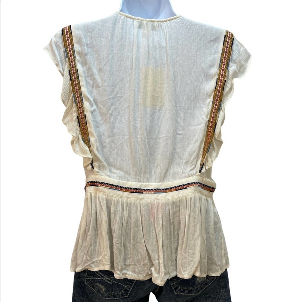 SEE U SOON Boho Style Beige w/Multi Color Cap Ruffled Sleeves & Banded Waistline - Picture 2 of 10